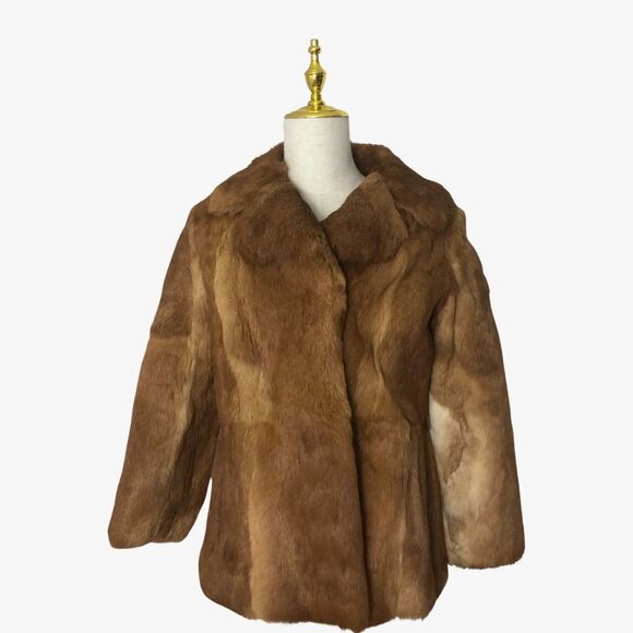 Vintage Elan French Rabbit Fur Jacket Medium Collared Lined Hook & Eye